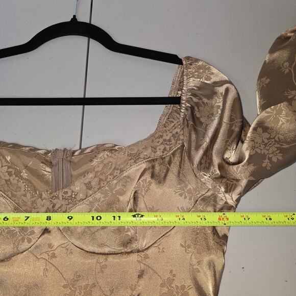 SHEIN Slip Dress Womens Medium Gold Floral Lace Long Sleeve Jacquard Mini Party - Picture 5 of 11